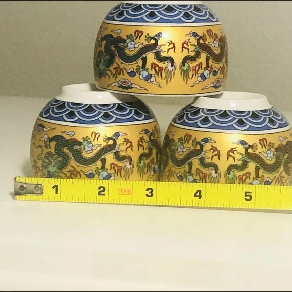 Antique Japanese Cups Asian Style Stoneware Dragon Design set of 3 - Picture 5 of 8